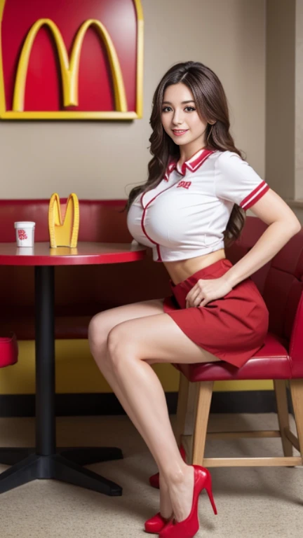 table top, highest quality, realistic, Super detailed, finely,( High resolution),( 8K)、 1 beautiful woman,, (Full body to toes:1.4)、(side shot)、(Side view)、light brown messy hair、 ((McDonalds clerk))、((red mcdonalds uniform))、(red color short mini skirt), ...