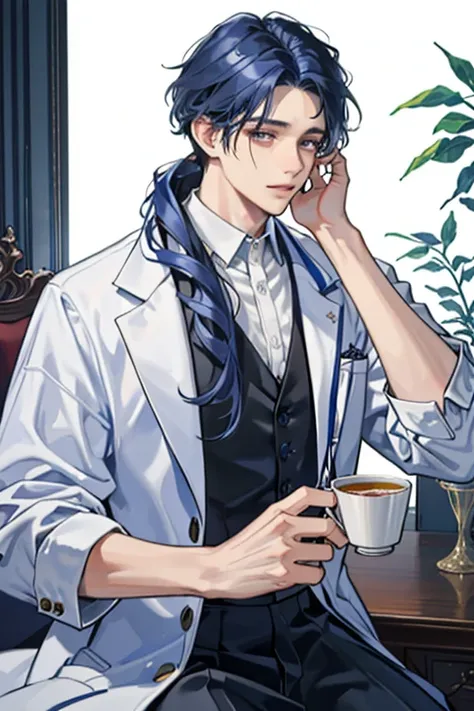 1Adult male，classical，Doctor dressed up，blue medium length curly hair（8k，exquisite CG）