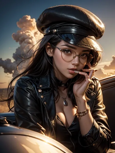 (best quality), (high detail), (perfect body), (beautiful face), (1girl), (close-up ), (headshot), smoking a large cigar, wearing a beret, aviator glasses, clouds of smoke over her face, HDR, UHD, 4K, 3D