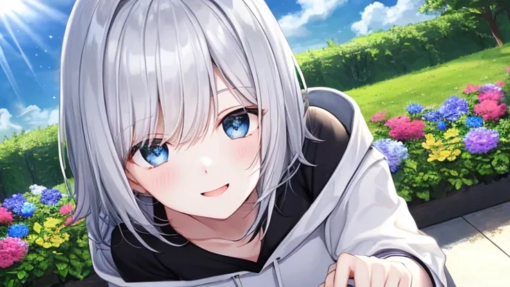 super high quality, with a girl, 20-year-old, とてもshort hair, long bangs between the eyes, pale blue eyes , blue sky, sunlight, very detailed,(masterpiece、highest quality)、alone、gray hair、laughter、White skin as clear as snow、fantasy, silver hair, black eye,...