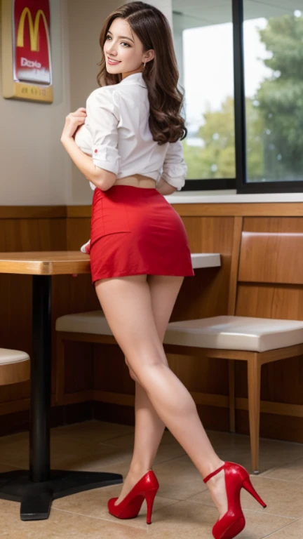 table top, highest quality, realistic, Super detailed, finely,( High resolution),( 8K)、 1 beautiful woman,, (Full body to toes:1.4)、(back view:1,3)、(buckshot:1.3)、light brown messy hair、 ((McDonalds clerk))、((red mcdonalds uniform))、(red color short mini s...