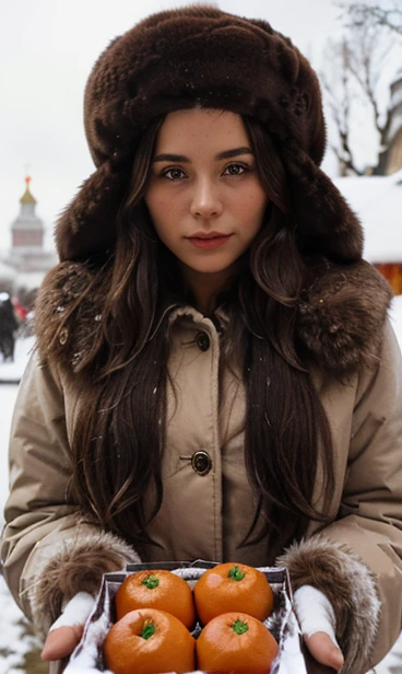 girl with wavy chest-length hair in a USSR fur hat with a mink coat in her hands holds bagels and a net of tangerines behind her back Red Square Moscow snow winter Magic