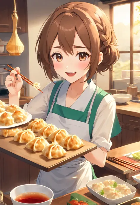 1lady solo, (holding up (gyoza dumplings) with chopsticks:1.2), (presenting dumplings towards viewers), (stylish outfit) apron, mature female, /(brown hair/) bangs, blush happy smile (open mouth), (masterpiece best quality:1.2) delicate illustration ultra-...