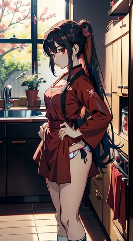 anime girl in red top and panties posing in kitchen, an anime drawing by Jin Homura, trending on pixiv, shin hanga, seductive anime girl, rin tohsaka, top rated on pixiv, beautiful alluring anime woman, fully clothed in red robes, attractive anime girl, an...