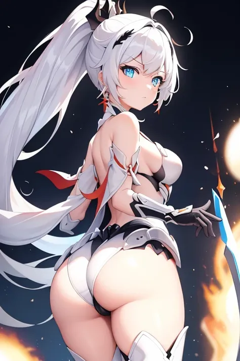 hof, 1girl, kiana kaslana, solo, small breasts, medium breasts, blue eyes, gauntlets, white hair, cleavage, jewelry, ponytail, earrings, bare shoulders, closed mouth, bangs, simple background, hair ornament, looking at viewer, hair between eyes, torn cape,...