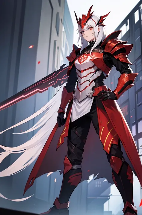 Frauen, Gesicht, White hair, Armor of the Copper Dragon, Maske, Rote Augen, High quality, super detailliert, Super Holy Armor, Vorderseite, Helles Bild, mehr Vorderseite, 4 Drachenflügel, mehr vorne, black armor, Roter-Kupfer Verzierung, Cyberpunk, Neon, m...