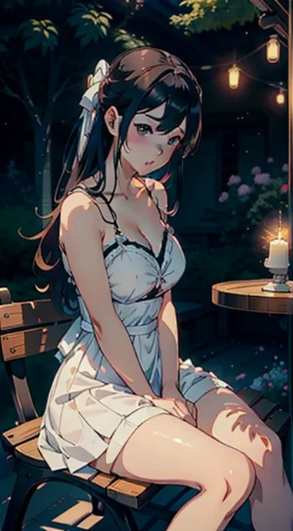 anime girl sitting on a bench with a candle and a white dress, beautiful alluring anime woman, seductive anime girl, extremely detailed artgerm, anime goddess, ig model | artgerm, guweiz, trending on cgstation, anime character; full body art, ! dream artge...