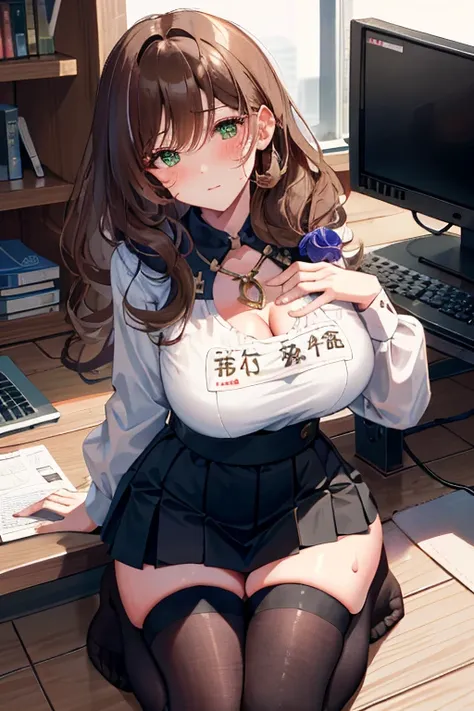 Lisa, genshin impact, 1 girl, alone, ((white shirt)), black Thighhighs, huge breasts, cleavage, uniform, office background, black skirt, pleated skirt, office, hair between eyes, messy hair, large chest, long hair, looking at the viewer, brown hair, red sh...