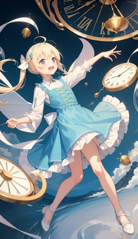 1 girl、laughter、light blue dress、white apron、blonde hair、ribbon、clock、wonderland、（small breasts）、movement、