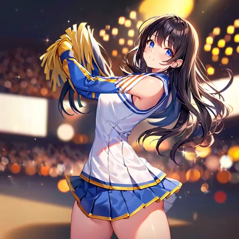 Cheerleader,small smile,cheer leading,Cheerleader uniform, (((masterpiece))), (((highest quality))), ((super detailed)), (figure), ((very delicate and beautiful)),(Bokeh,blurred background),(best shadow), 1 girl,white panties, black hair, long hair, cute,c...