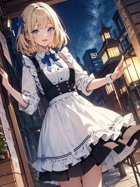 1 girl、laughter、light blue dress、white apron、blonde hair、ribbon、clock、wonderland、（small breasts）、movement、