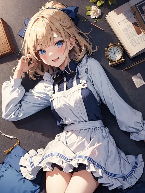 1 girl、laughter、light blue dress、white apron、blonde hair、ribbon、clock、wonderland、（small breasts）、movement、