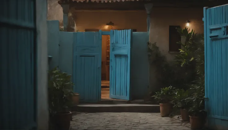 villa with 12 simple guesthouse-style favela rooms, 6 on each side facing each other, light blue wooden gate with the number 369 on the front