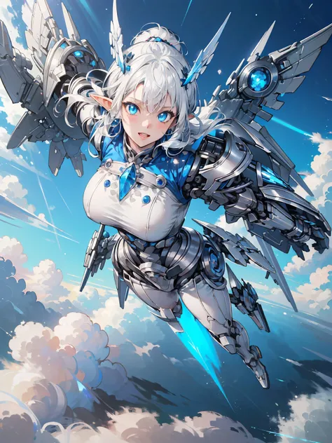 (masterpiece, highest quality, wonderful, very detailedティッカーユニティ、8k wallpaper, Depth of bounds written, Super thin illustration:1.5)、3D, very detailed, (whole body、Mecha elf girl:1.3), sci-fi battlefield, Hawken, smile, open your mouth, short ponytail hair...