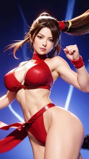 Mai Shiranui kick attack, masterpiece, best quality, super detailed, flat color, depth of field,looking at the audience，big breasts