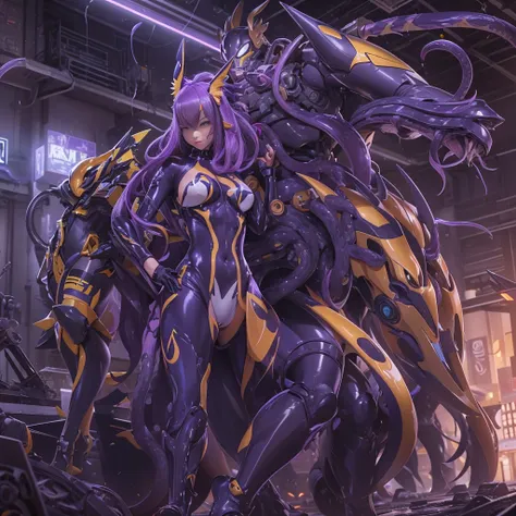 NSFW，Pilot and giant battle mecha，The pilot is inside a giant battle mech.，Pilot details(Height: 160cm，The pilot is in front of a giant battle mech.，The pilot wears a Renamon-type full body suit.，face:Renamon type full face，tentacle cockpitに搭乗，Pussy is con...