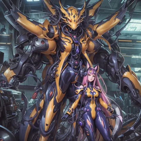 NSFW，Pilot and giant battle mecha，The pilot is inside a giant battle mech.，Pilot details(Height: 160cm，The pilot is in front of a giant battle mech.，The pilot wears a Renamon-type full body suit.，face:Renamon type full face，tentacle cockpitに搭乗，Pussy is con...