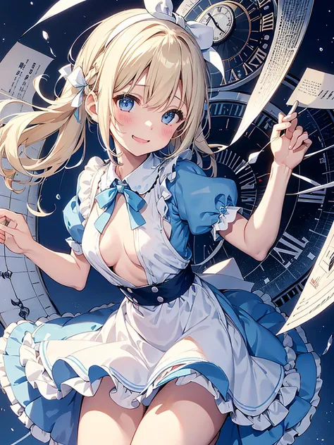 1 girl、laughter、light blue dress、white apron、blonde hair、ribbon、clock、wonderland、（small breasts）、movement、(パンティを膝までさげる,NSFW),