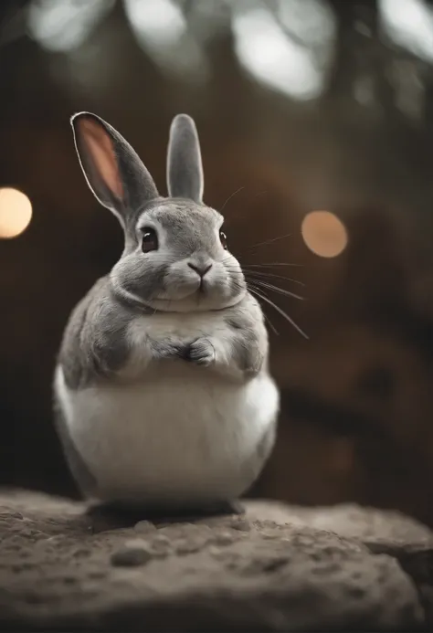 here is a small animal, standing on a stone, happy big chungus, big chungus, big chungus meme, chinchilla animal, smear, with pointed ears, Fat beetles owl, big chungus boss, It looks very stupid, Half a rabbit, Real life Totoro