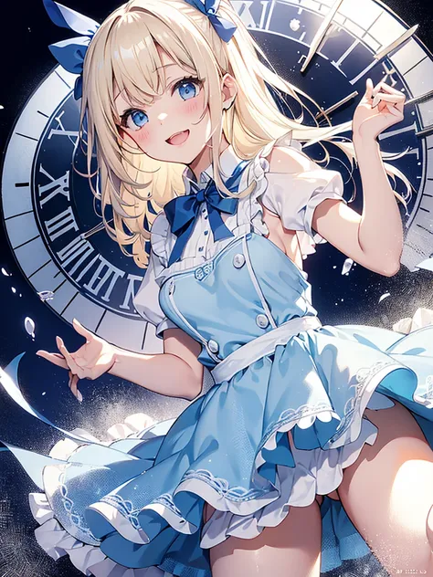 1 girl、laughter、light blue dress、white apron、blonde hair、ribbon、clock、wonderland、（small breasts）、movement、(パンティを膝までさげる,NSFW),SEX,オナニー、