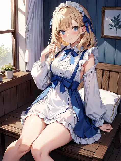  girl、laughter、light blue dress、white apron、blonde hair、ribbon、clock、wonderland、（small breasts）、movement、(pull your panties down to your knees,NSFW),SEX,masturbation、Pee、dildo、