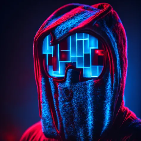 Hacker style minecraft creeper using computer facing forward, Badass, blue and red neon background, Epic lighting, Photography Lighting, reflection mapping, Ultra Detailed, photorealistic, cinemactic, movie quality rendering, vfx post production, rtx ray t...