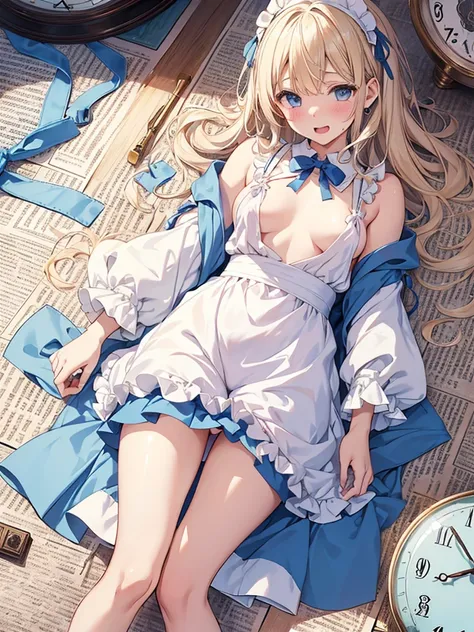  girl、（masturbation、NSFW）、laughter、light blue dress、white apron、blonde hair、ribbon、clock、wonderland、（small breasts）、movement、no pants、show your chest、(pull your panties down to your knees,NSFW),SEX,masturbation、Pee、dildo、