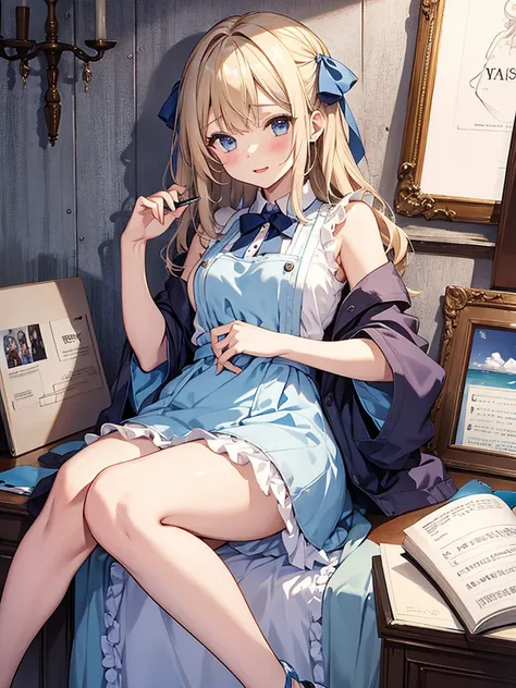  1girl、（masturbation、NSFW）、laughter、light blue dress、white apron、blonde hair、ribbon、clock、wonderland、（small breasts）、movement、no pants、show your chest、(pull your panties down to your knees,NSFW),SEX,masturbation、Pee、dildo、