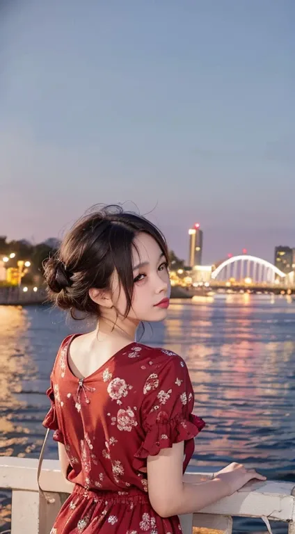 Woman looking at a bridge and a bridge by the river, with sunset, Photos taken with Canon 5D, Bokeh only in background, Hungry Ghost Festival, With backlight, With the sunset, Shot with Canon eos 5d mark IV, 8k 50mm ISO 10 The most beautiful girl in dusk