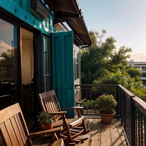 House made from shipping containers antique decoration There is a balcony and rocking chairs. An old man sitting in a rocking chair Hand holding a coffee mug Evening sunlight, beautiful and realistic images, taken by a professional, beautifully lit.