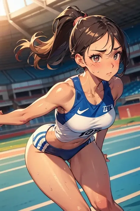 1 Beautiful ,dynamic angle,girl track and field athlete,small head,big breasts,meaty, beautiful feet,glowing skin, Sweat,at track and field ,(detailed beautiful face:1.4),detailed skin,fine eyes,fine hair,