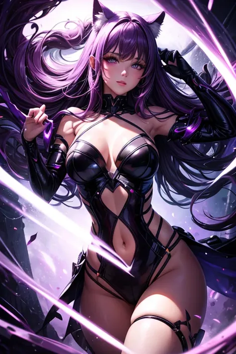 (best quality,8K,highres,masterpiece:1.2),ultra-detailed,realistic:1.37,1girl,hot,purple hair,catgirl,sexy,NSFW,looking at viewer,perfectly detailed eyes,detailed lips,flirty expression,seductive pose,slender figure,fitting outfit,glowing purple eyes,shimm...