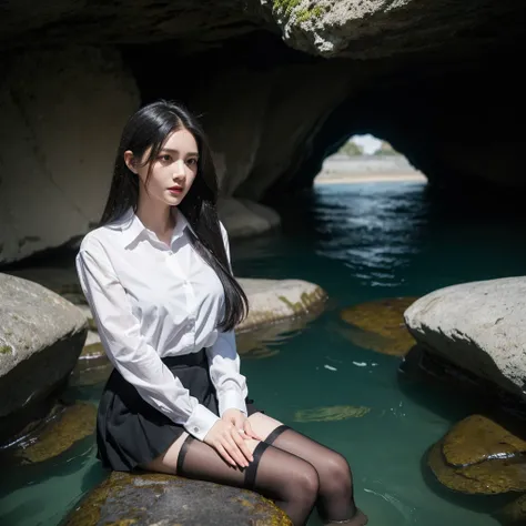 A beautiful woman with black stockings, long legs, hip-hugging skirt, white shirt, black long hair and a white collar fell into the water of the cave.