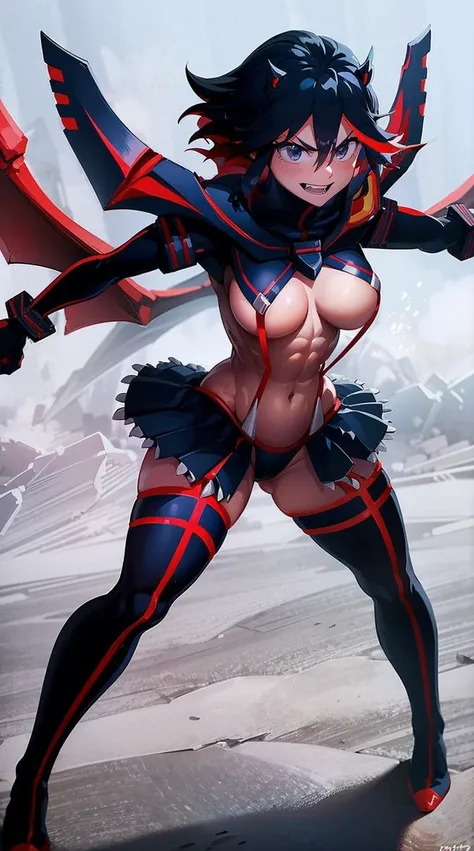 matoi ryuuko, dark armor, magical girl, dragon wings, kill la kill, red hair, large breasts, abs, wide hips, thick thighs, thick arms, pants, standing, black body suit, full body, boots,smile, pullover, miniskirt, black pullover,, black bodysuit, red hair,...