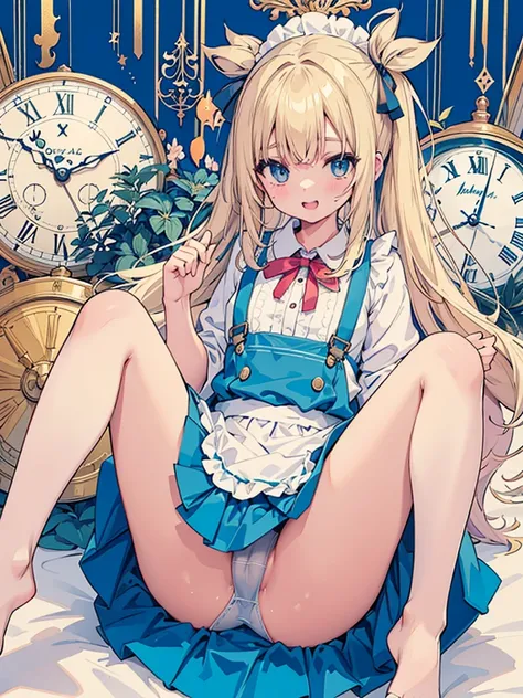 1girl、（masturbation、NSFW）、laughter、light blue dress、white apron、blonde hair、ribbon、clock、wonderland、（small breasts）、movement、no pants、show your chest、(pull your panties down to your knees,NSFW),SEX,masturbation、Pee、dildo、spread your legs wide、On your back、...