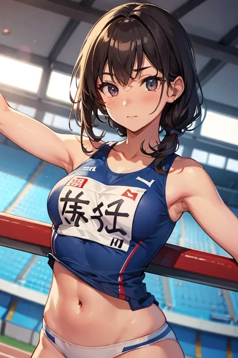 1 Beautiful ,dynamic angle,girl track and field athlete,small head,big breasts,meaty, at track and field ,(detailed beautiful face:1.4),detailed skin、backwards