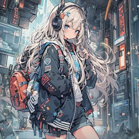 8K resolution、((highest quality))、((masterpiece))、((super detailed))、1 female、solo、incredibly absurd、オーバーサイズのhoodie、long hair、hair is the universe、bright colored eyes、put one&#39;s hand in one&#39;s pocket、shorts、水滴のmasterpiece、1 female、hoodie、headphones、s...