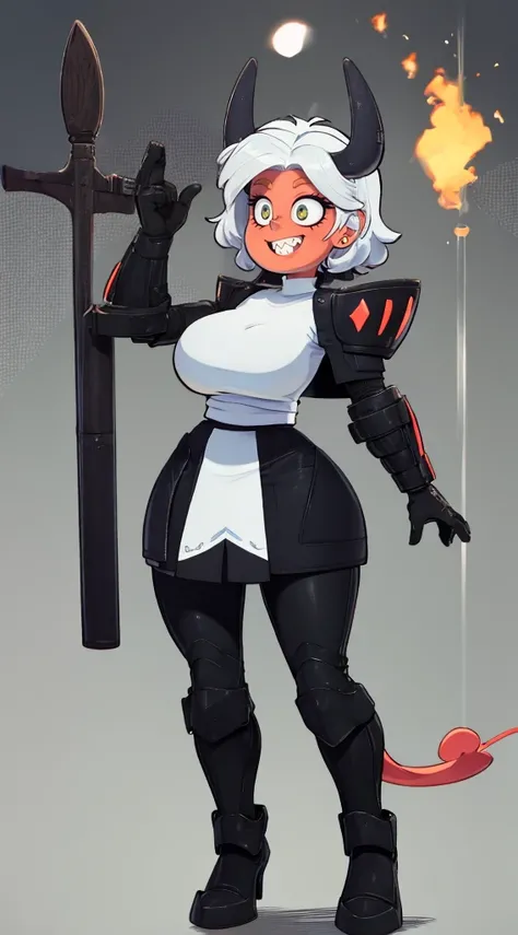 nun, demon girl, walking, , warpriesstes, silver hair, short hair, sacred gauntlets, long ski, cute smile, pure smile, love smile,,veillong skirt, pantyhose, staff holding, armor, gloves, standing, full body,sharpteeth,standing, full body, happy, joyfull