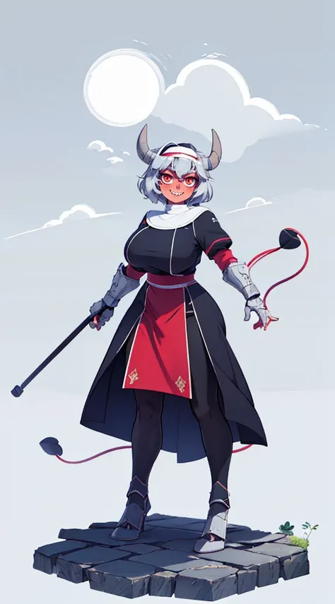 nun, demon girl, walking, , warpriesstes, silver hair, short hair, sacred gauntlets, long ski, cute smile, pure smile, love smile,,veillong skirt, pantyhose, staff holding, armor, gloves, standing, full body,sharpteeth,standing, full body, happy, joyfull