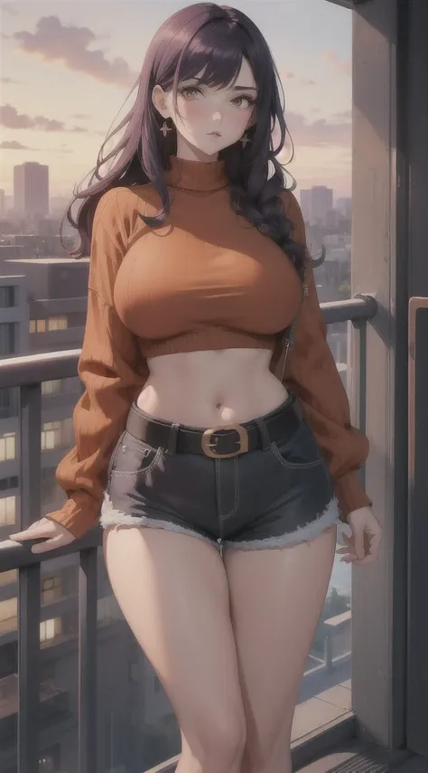 (masterpiece), high-definition, girl, big boobs, big hips, pouty lips, messy dark purple hair, orange eyes, crop top sweater, shorts, belt, balcony, leaning on the railing, sunset