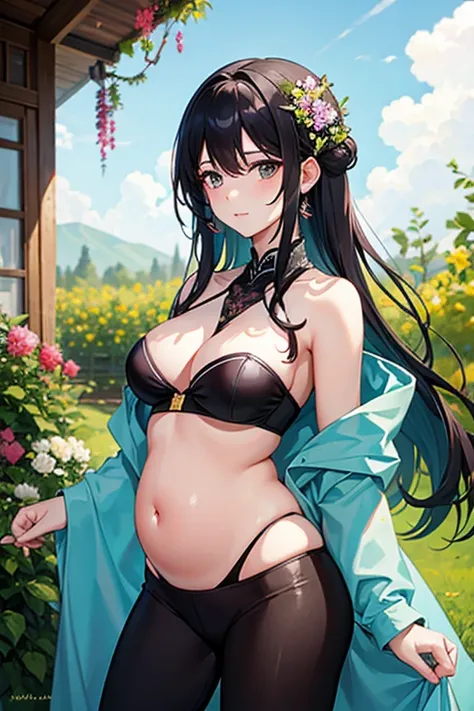 (best quality,a high resolution),pregnant vietnamese woman,belly,Show belly,Beautiful detailed eyes,Black hair,Perfect makeup,fit,Wear strapless tops,leggings,双手放在她的Show belly上,17 years old,Intense pregnancy glow,Stunning,standing in a blooming garden,Ther...