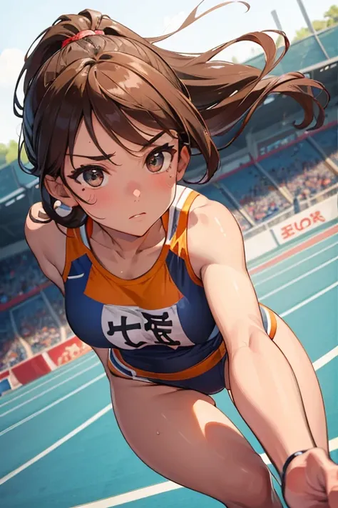 1 beautiful ,dynamic angle,girl track and field athlete,small head,big breasts,meaty, at track and field ,(detailed beautiful fa...