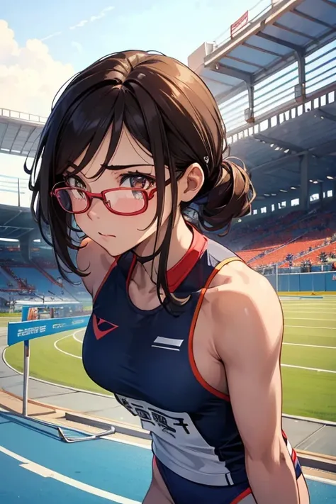 1 Beautiful ,dynamic angle,girl track and field athlete,small head,big breasts,meaty, at track and field ,(detailed beautiful face:1.4),detailed skin、backwards、Glasses