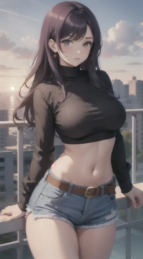 (masterpiece), high-definition, vibrant, girl, big boobs, big hips, pouty lips, messy dark purple hair, orange eyes, crop top sweater, shorts, belt, thong, balcony, leaning on the railing, sunset