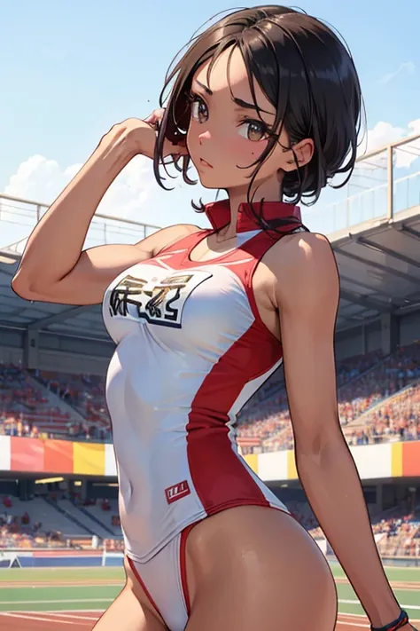 1 Beautiful ,dynamic angle,girl track and field athlete,small head,big breasts,meaty, at track and field ,(detailed beautiful face:1.4),detailed skin、show one&#39;s side、