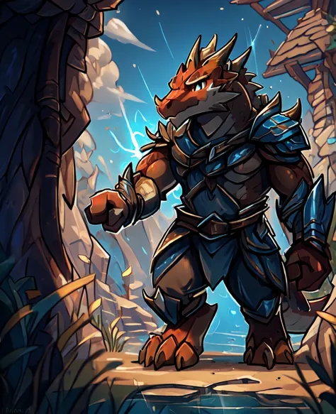 the Kobold, has sleek reddish-brown scales covering his diminutive frame. His eyes gleam with an intense shade of amber, reflecting both determination and the spark of his newfound paladin oath. Despite his small stature, he bears a few facial scars, earne...