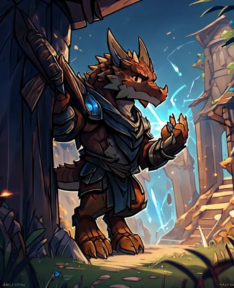 the Kobold, has sleek reddish-brown scales covering his diminutive frame. His eyes gleam with an intense shade of amber, reflecting both determination and the spark of his newfound paladin oath. Despite his small stature, he bears a few facial scars, earne...