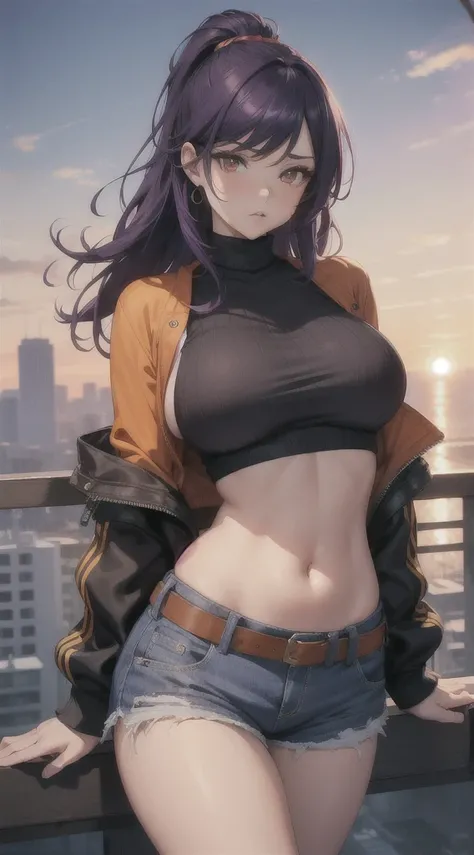 (masterpiece), high-definition, vibrant colors, girl, big boobs, big hips, pouty lips, messy dark purple hair, orange eyes, crop top sweater, jacket, shorts, belt, thong, balcony, leaning on the railing, sunset