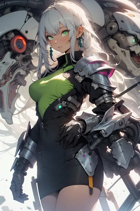 be realistic，（masterpiece，highest quality，highest quality，very detailed，fractal art，most detailed，（abstract background：1.5）（1 girl），Kamimei，（hair length），（green eyes shine、Breasts get bigger，stunned)，crystallization，sexy，machine armor，tanned skin、break、(of...