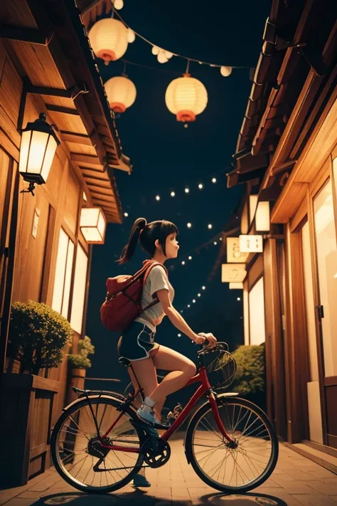 a girl rides a bicycle, dolphin shorts, a group of lanterns hanging from the side of a building, inspired by Goro Fujita, polycount contest winner, oriental scene, kawaii hq render, stunning atmosphere, japanese style painting